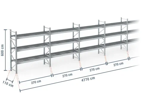 47,7 m rayonnage à palettes PR9000F galvanisé / profondeur 110 cm / hauteur 6 m / 3 niveaux / platelage Grillage