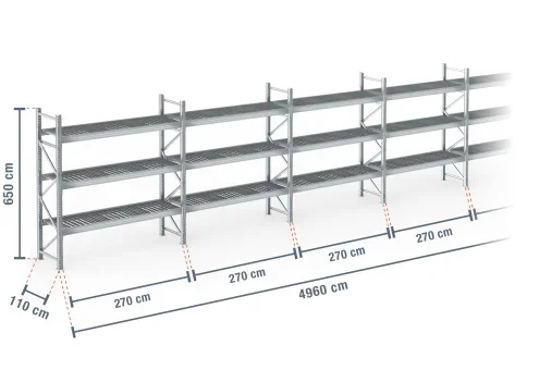 49,6 m rayonnage à palettes PR9000F galvanisé / profondeur 110 cm / hauteur 6,5 m / 3 niveaux / platelage Grillage
