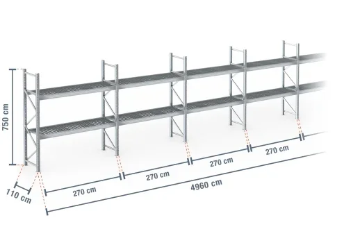 49,6 m rayonnage à palettes PR9000F galvanisé / profondeur 110 cm / hauteur 7,5 m / 2 niveaux / platelage Grillage