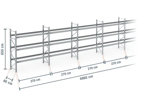 49,6 m rayonnage à palettes PR9000F galvanisé / profondeur 80 cm / hauteur 6,5 m / 3 niveaux pour 212 palettes europe