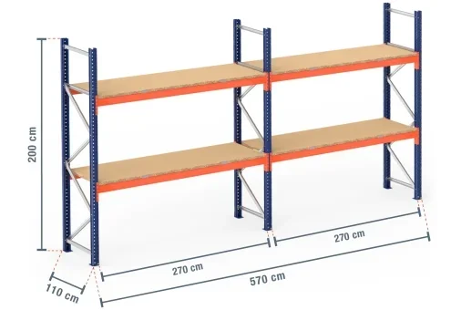 5,7 m rayonnage à palettes PR9000 / profondeur 110 cm / hauteur 2 m / 2 niveaux / platelage Bois