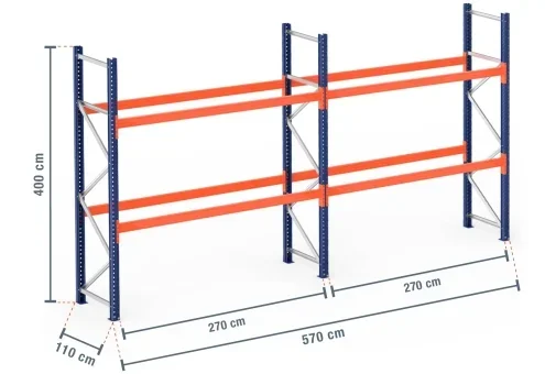 5,7 m rayonnage à palettes PR9000 / profondeur 110 cm / hauteur 4 m / 2 niveaux pour 18 palettes europe