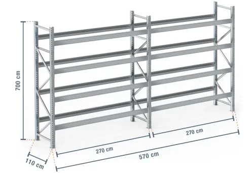 5,7 m rayonnage à palettes PR9000F galvanisé / profondeur 110 cm / hauteur 7 m / 4 niveaux pour 30 palettes europe