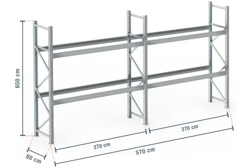 5,7 m rayonnage à palettes PR9000F galvanisé / profondeur 80 cm / hauteur 6,5 m / 2 niveaux pour 18 palettes europe