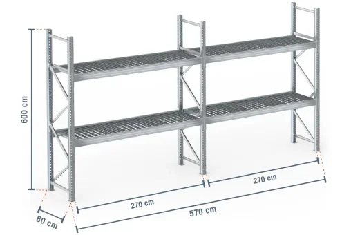 5,7 m rayonnage à palettes PR9000F galvanisé / profondeur 80 cm / hauteur 6 m / 2 niveaux / platelage Grillage