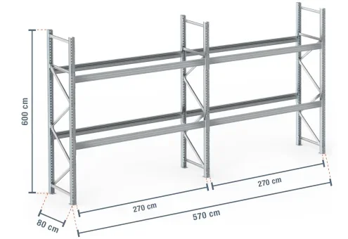 5,7 m rayonnage à palettes PR9000F galvanisé / profondeur 80 cm / hauteur 6 m / 2 niveaux pour 18 palettes europe