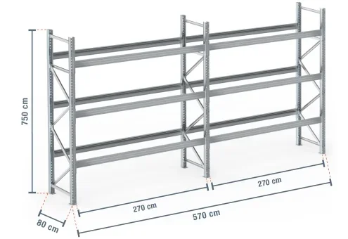 5,7 m rayonnage à palettes PR9000F galvanisé / profondeur 80 cm / hauteur 7,5 m / 3 niveaux pour 24 palettes europe