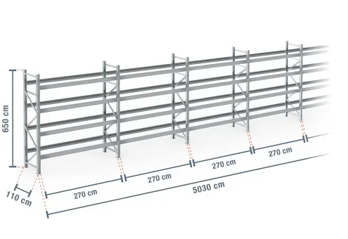 50,3 m rayonnage à palettes PR9000F galvanisé / profondeur 110 cm / hauteur 6,5 m / 4 niveaux pour 270 palettes europe