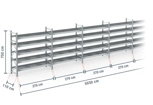 50,3 m rayonnage à palettes PR9000F galvanisé / profondeur 110 cm / hauteur 7,5 m / 5 niveaux / platelage Grillage