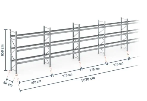 50,3 m rayonnage à palettes PR9000F galvanisé / profondeur 80 cm / hauteur 6,5 m / 3 niveaux pour 216 palettes europe