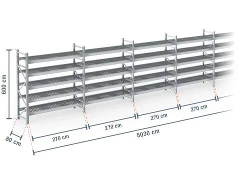 50,3 m rayonnage à palettes PR9000F galvanisé / profondeur 80 cm / hauteur 6 m / 5 niveaux / platelage Grillage
