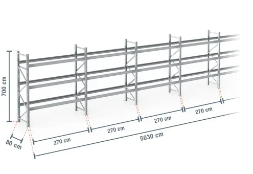 50,3 m rayonnage à palettes PR9000F galvanisé / profondeur 80 cm / hauteur 7 m / 3 niveaux pour 216 palettes europe