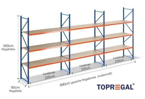 6,9 m rayonnage de stockage LR2000 / profondeur 60 cm / hauteur 3 m / 3 niveaux / platelage Bois