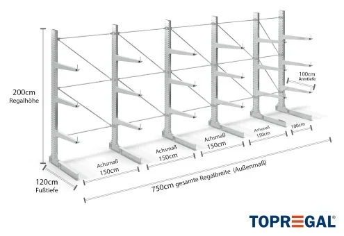 7,5 m rayonnage cantilever KR3000 / Galvanisé à chaud / Unilatéral / hauteur 2 m / 100 cm cantilever profondeur / 3 niveaux
