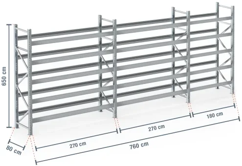 7,6 m rayonnage à palettes PR9000F galvanisé / profondeur 80 cm / hauteur 6,5 m / 5 niveaux pour 48 palettes europe