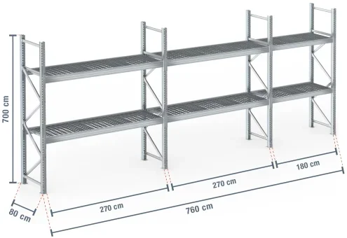 7,6 m rayonnage à palettes PR9000F galvanisé / profondeur 80 cm / hauteur 7 m / 2 niveaux / platelage Grillage