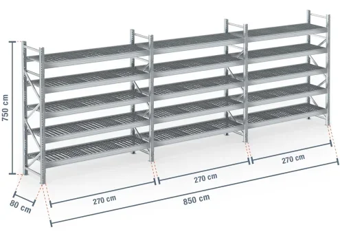 8,5 m rayonnage à palettes PR9000F galvanisé / profondeur 80 cm / hauteur 7,5 m / 5 niveaux / platelage Grillage