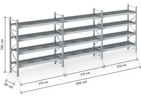 8,5 m rayonnage à palettes PR9000F galvanisé / profondeur 80 cm / hauteur 7 m / 4 niveaux / platelage Grillage