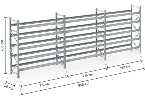 8,5 m rayonnage à palettes PR9000F galvanisé / profondeur 80 cm / hauteur 7 m / 5 niveaux pour 54 palettes europe