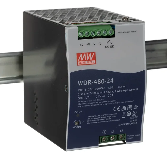 Alimentation pour rail DIN MEAN WELL, série WDR, 180 → 550V c.a.in, 24V c.c.out 20A, 480W