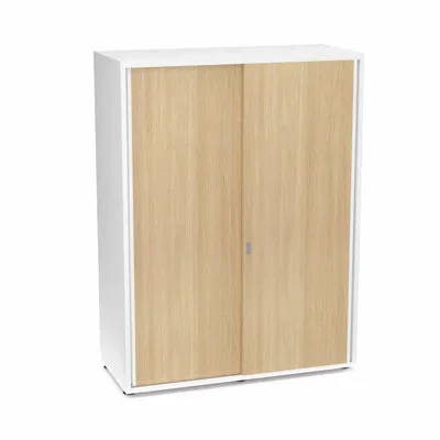 Armoire Armand 2 portes coulissantes H. 133,5 x L. 100x P. 43,2 cm – 3 tablettes – corps mélamine blanc neige – portes mélamine chêne clair
