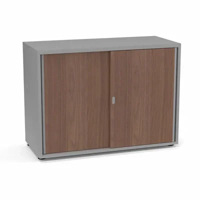 Armoire Armand 2 portes coulissantes H. 73,5 x L. 100 x P. 43,2 cm – 1 tablette – corps mélamine gris aluminium – portes mélamine noyer ambré