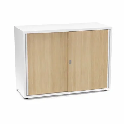 Armoire Armand 2 portes coulissantes H. 73,5 x L. 100 x P. 43,2 cm – 1 tablette – corps mélamine blanc neige – portes mélamine chêne clair