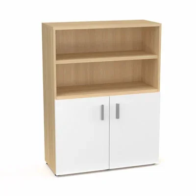 Armoire bibliothèque Armand mélamine 3 tablettes H. 133,5 x L. 100 x P. 43,2 cm corps et top finition mélamine chêne clair avec 2 portes H. 735 cm mélamine blanc neige