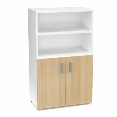 Armoire bibliothèque Armand mélamine 3 tablettes H. 133,5 x L. 80 x P. 43,2 cm corps et top finition mélamine blanc neige avec 2 portes H. 735 cm mélamine chêne clair