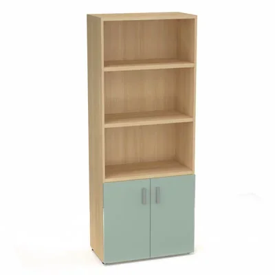 Armoire bibliothèque Armand mélamine 4 tablettes H. 202,1 x L. 80 x P. 43,2 cm corps et top finition mélamine chêne clair avec 2 portes H. 735 cm verre émaillé blanc