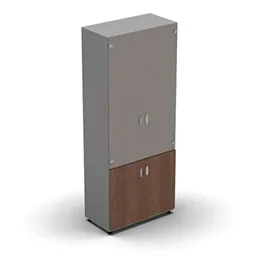 Armoire haute mélaminé – 2 portes vitrées + 2 portes mélaminés – 4 tablettes – 80 x 198 cm – verre émaillé gris souris – portes mélaminés noyer ambré – corps gris aluminium