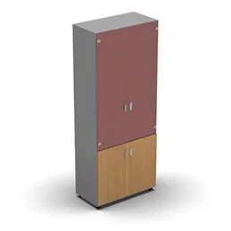 Armoire haute mélaminé – 2 portes vitrées + 2 portes mélaminés – 4 tablettes – 80 x 198 cm – verre émaillé rouge rubis – portes mélaminés hêtre saumonné – corps gris aluminium