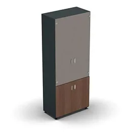 Armoire haute mélaminé – 2 portes vitrées + 2 portes mélaminés – 4 tablettes – 80 x 198 cm – verre émaillé gris souris – portes mélaminés noyer ambré – corps gris anthracite