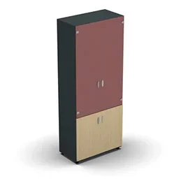 Armoire haute mélaminé – 2 portes vitrées + 2 portes mélaminés – 4 tablettes – 80 x 198 cm – verre émaillé rouge rubis – portes mélaminés hêtre clair – corps gris anthracite