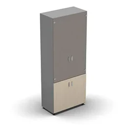 Armoire haute mélaminé – 2 portes vitrées + 2 portes mélaminés – 4 tablettes – 80 x 198 cm – verre émaillé gris souris – portes mélaminés érable blanc – corps gris aluminium