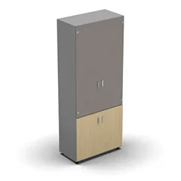 Armoire haute mélaminé – 2 portes vitrées + 2 portes mélaminés – 4 tablettes – 80 x 198 cm – verre émaillé gris souris – portes mélaminés hêtre clair – corps gris aluminium