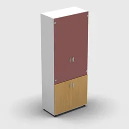 Armoire haute mélaminé – 2 portes vitrées + 2 portes mélaminés – 4 tablettes – 80 x 198 cm – verre émaillé rouge rubis – portes mélaminés hêtre doré – corps blanc neige