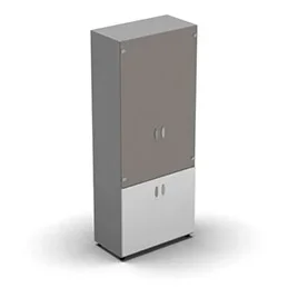 Armoire haute mélaminé – 2 portes vitrées + 2 portes mélaminés – 4 tablettes – 80 x 198 cm – verre émaillé gris souris – portes mélaminés blanc neige – corps gris aluminium