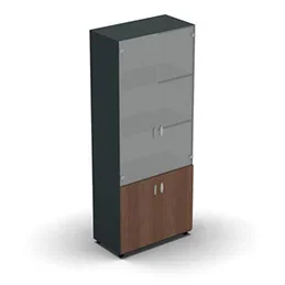 Armoire haute mélaminé – 2 portes vitrées + 2 portes mélaminés – 4 tablettes – 80 x 198 cm – verre transparent dépoli – portes mélaminés noyer ambré – corps gris anthracite