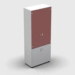Armoire haute mélaminé – 2 portes vitrées + 2 portes mélaminés – 4 tablettes – 80 x 198 cm – verre émaillé rouge rubis – portes mélaminés gris clair – corps blanc neige