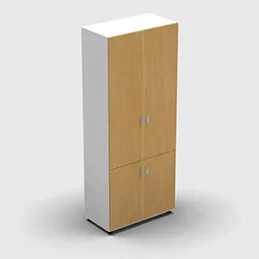 Armoire haute mélaminé – 4 portes pleines – 4 tablettes – 80 x 198 cm – portes hêtre doré – top et façades blanc neige