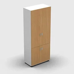 Armoire haute mélaminé – 4 portes pleines – 4 tablettes – 80 x 198 cm – portes hêtre saumonné – top et façades blanc neige