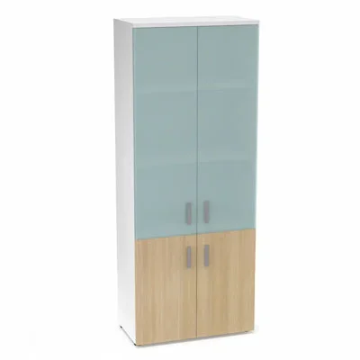 Armoire mélamine Armand 4 tablettes H. 202,1 x L. 80 x P. 43,2 cm corps et top finition mélamine blanc neige avec 2 portes soft-closing H 73,5 cm mélamine chêne clair et 2 portes H. 133,5 cm verre dépoli transparent