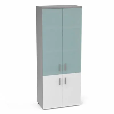 Armoire mélamine Armand 4 tablettes H. 202,1 x L. 80 x P. 43,2 cm corps et top finition mélamine gris aluminium avec 2 portes soft-closing H 73,5 cm mélamine blanc neige et 2 portes H. 133,5 cm verre dépoli transparent