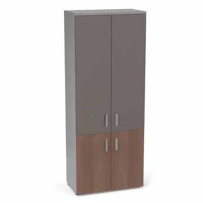 Armoire mélamine Armand 4 tablettes H. 202,1 x L. 80 x P. 43,2 cm corps et top finition mélamine gris aluminium avec 2 portes soft-closing H 73,5 cm mélamine noyer ambré et 2 portes H. 133,5 cm verre émaillé gris souris