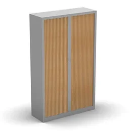 Armoire penderie H. 198 x L. 120 x P. 43 cm – corps gris aluminium – rideaux hêtre saumoné – équipée d’1 kit penderie