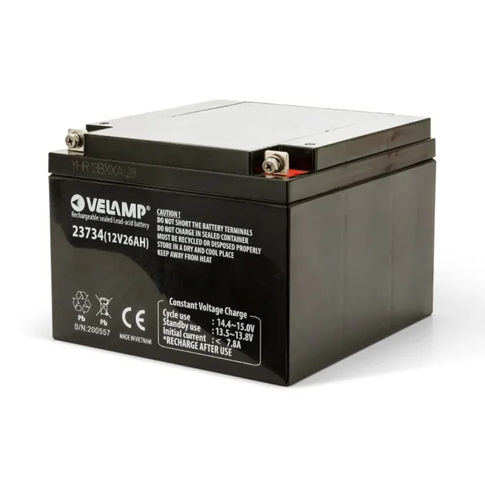 Batterie rechargeable au plomb – connexions Faston 12V 26Ah – VELAMP – 23734