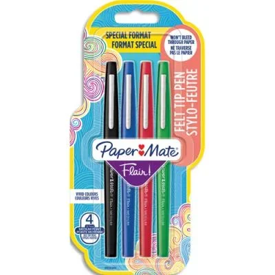 Blister de 4 feutres écriture Flair Original Papermate, encres standard: noir, bleu, rouge et vert
