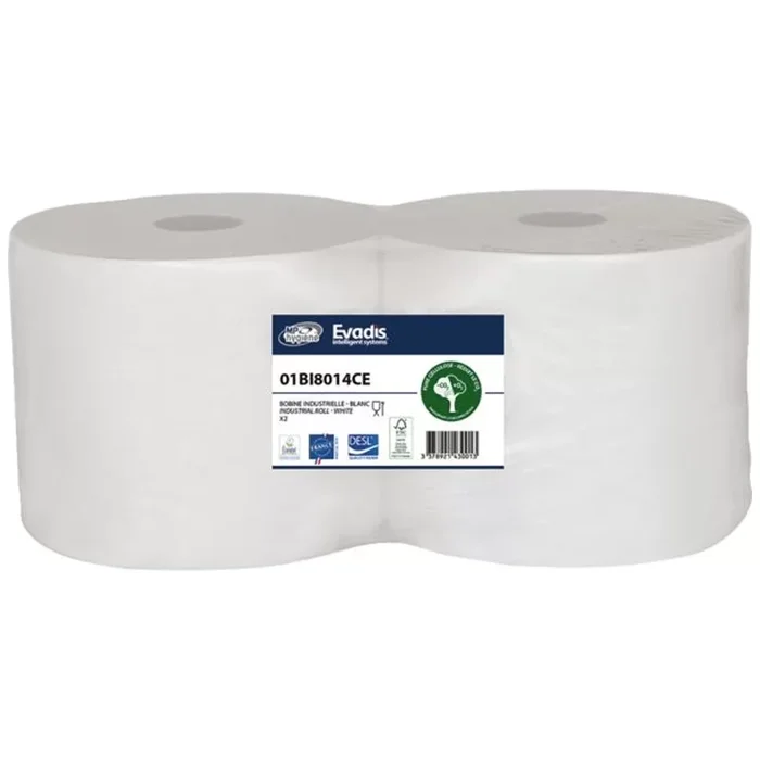 Bobine essuyage ouate blanche 1000 formats 2 plis colles 20.9×23 cm – lot de 2 rouleaux