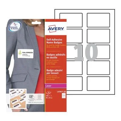 Boite de 200 badges adhésifs en tissu blanc Avery – format 5 x 8 cm – impression laser